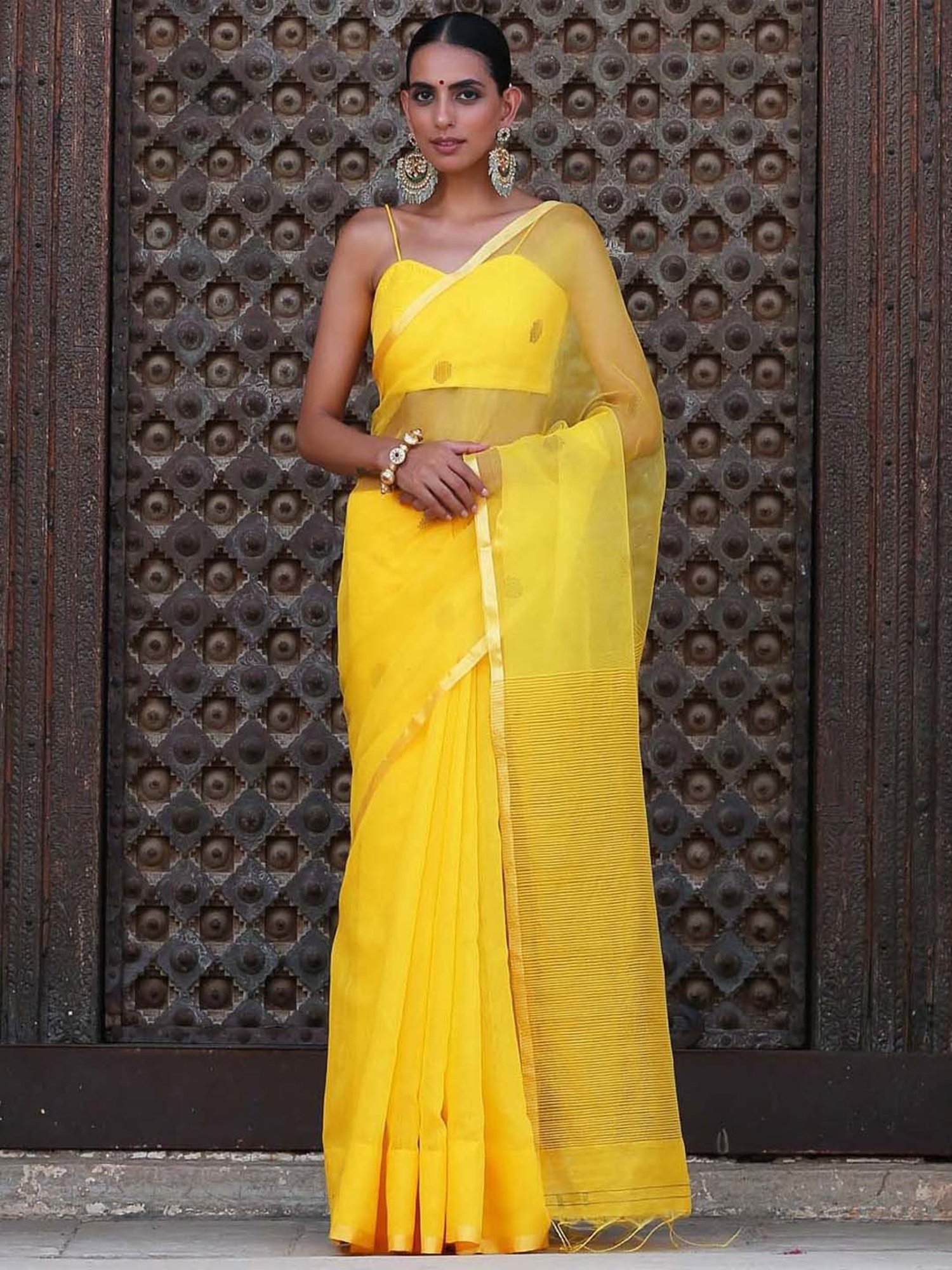 Swtantra Yellow Cotton Silk Embroidered Saree