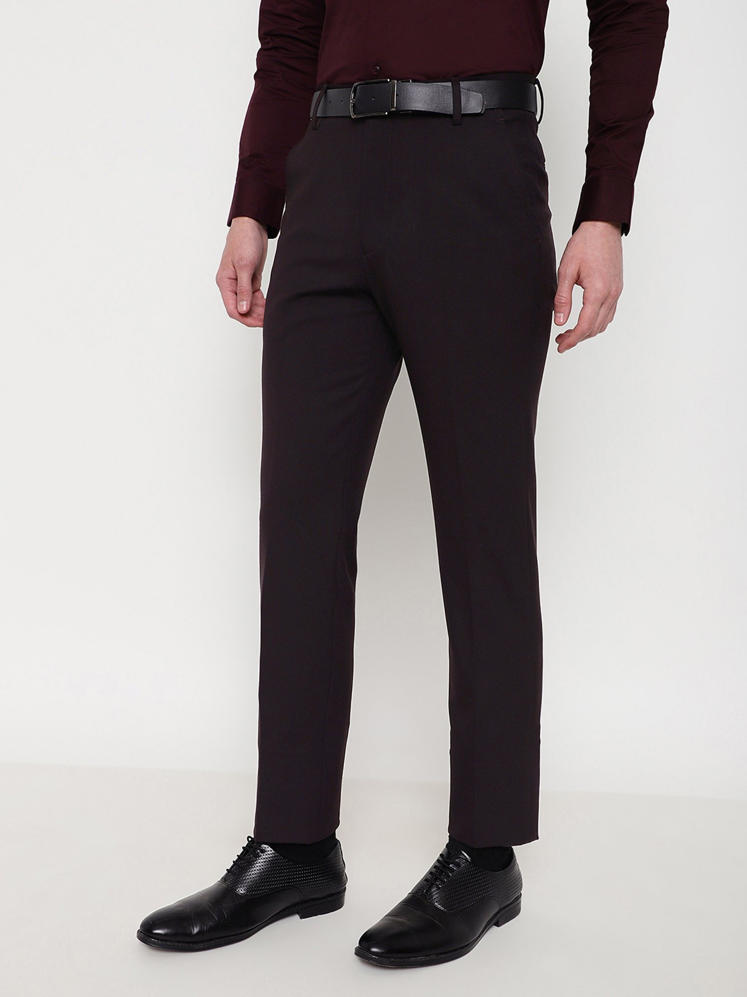 SUBTRACT Dark Wine Slim Fit Flat Front Trousers