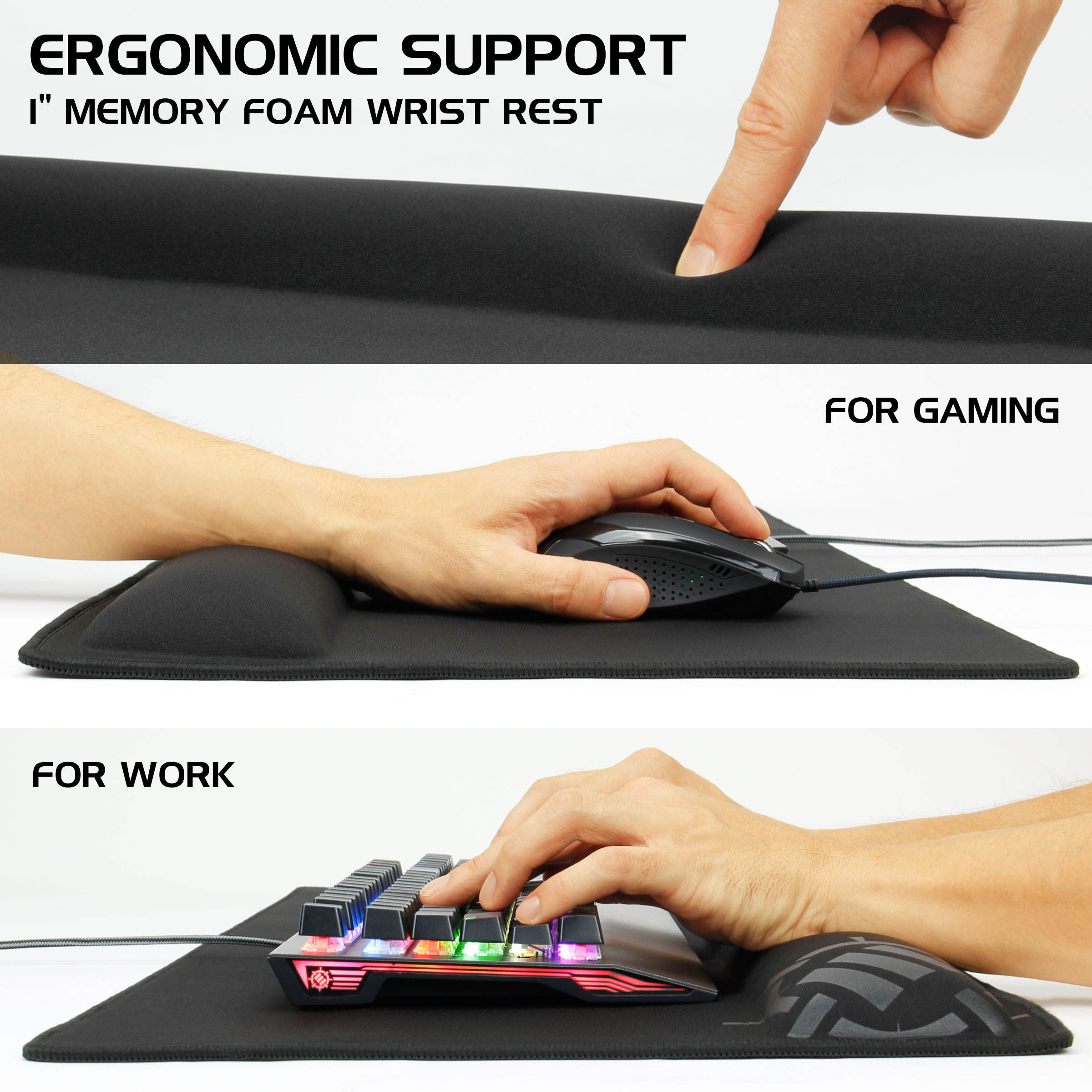 enhance large extended gaming mouse pad with memory foam wrist rest support by 31.5 x 13.78 x 1 inches  antifray stitching & premium soft tracking mat surface black