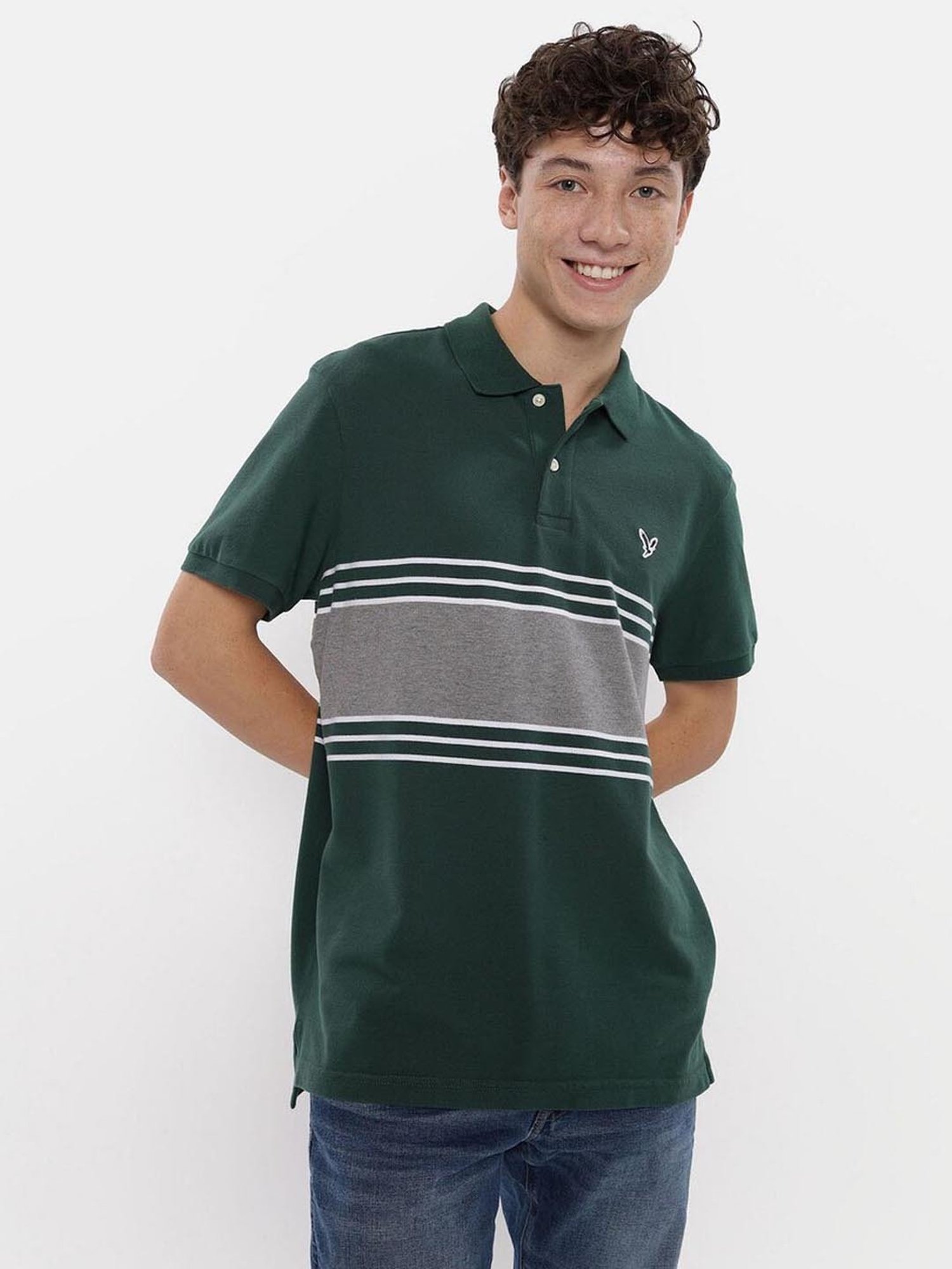 American Eagle Outfitters Green Regular Fit Colour Block Polo T-Shirt
