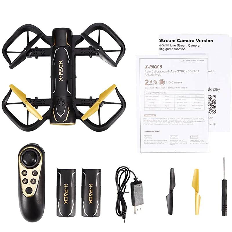 Foldable RC Drone XPack 5 Portable Quadcopter for Beginners and Kids 720P FPV WiFi Camera via App with Headless Mode Altitude Hold 3D Flips One Key TakeOffLanding and 1 Extra Battery