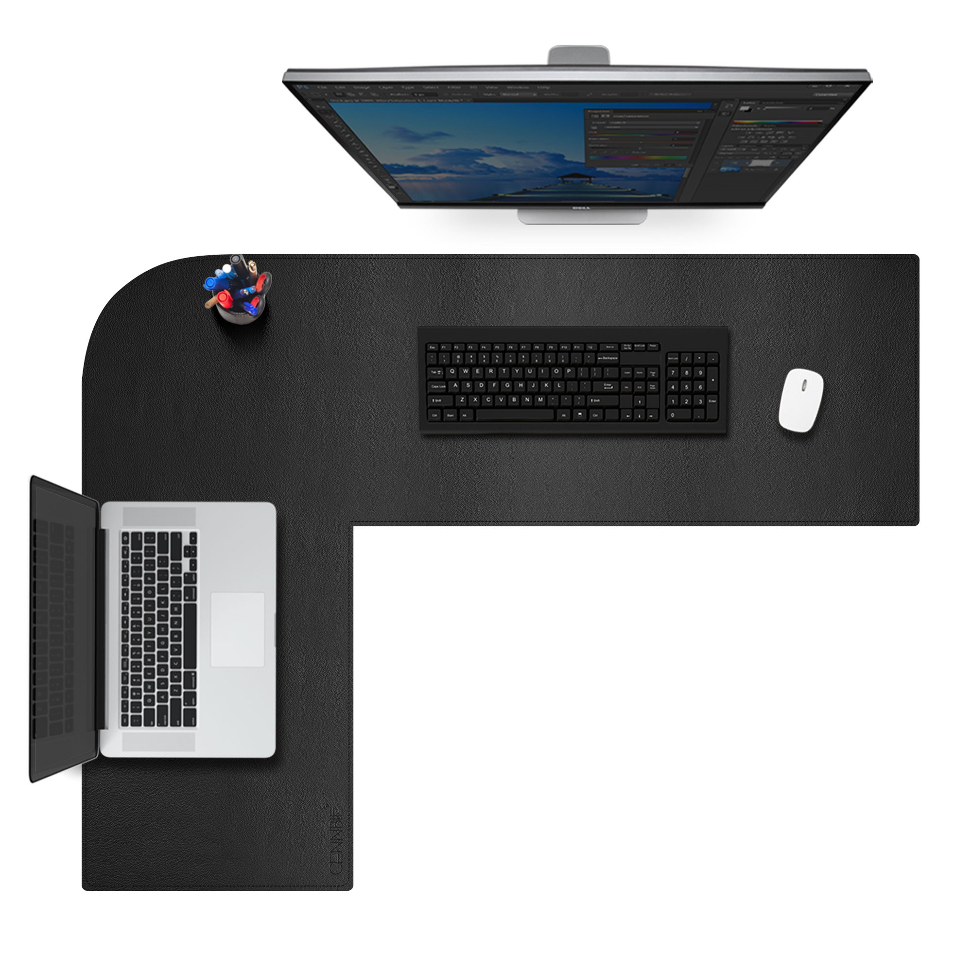 L Shaped Desk Pad - Multipurpose Waterproof Office Leather Desk Mat and Reversible Corner Desk Blotter Pad -(43.3+51.2) L 15.7W L-Shaped Corner Desk Pad Protector (Black)