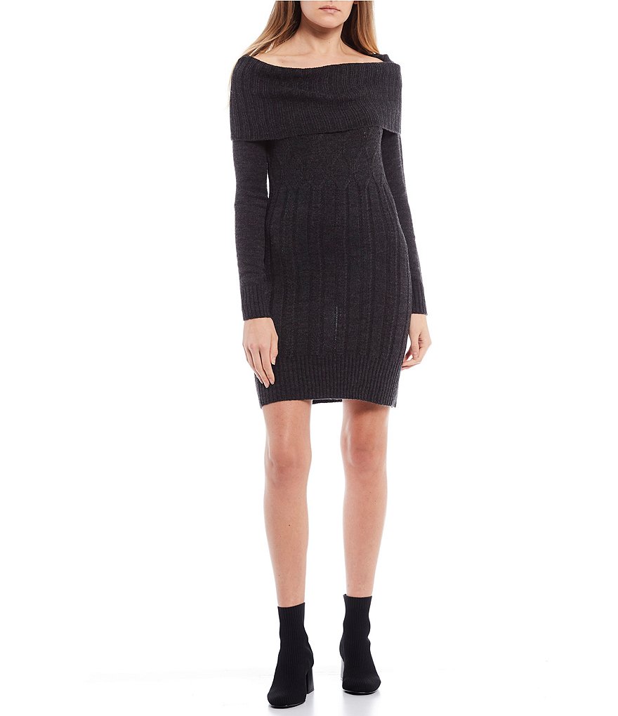 I.N. San Francisco Long-Sleeve Off-the-Shoulder Cable Knit Sweater Dress