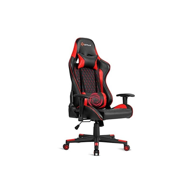 Massage Gaming Chair, Reclining Backrest Handrails and Seat Height Adjustment Racing Computer Office Chair, Ergonomic High Back Embroidered PU Swivel Game Chair with Headrest and Lumbar Cushion