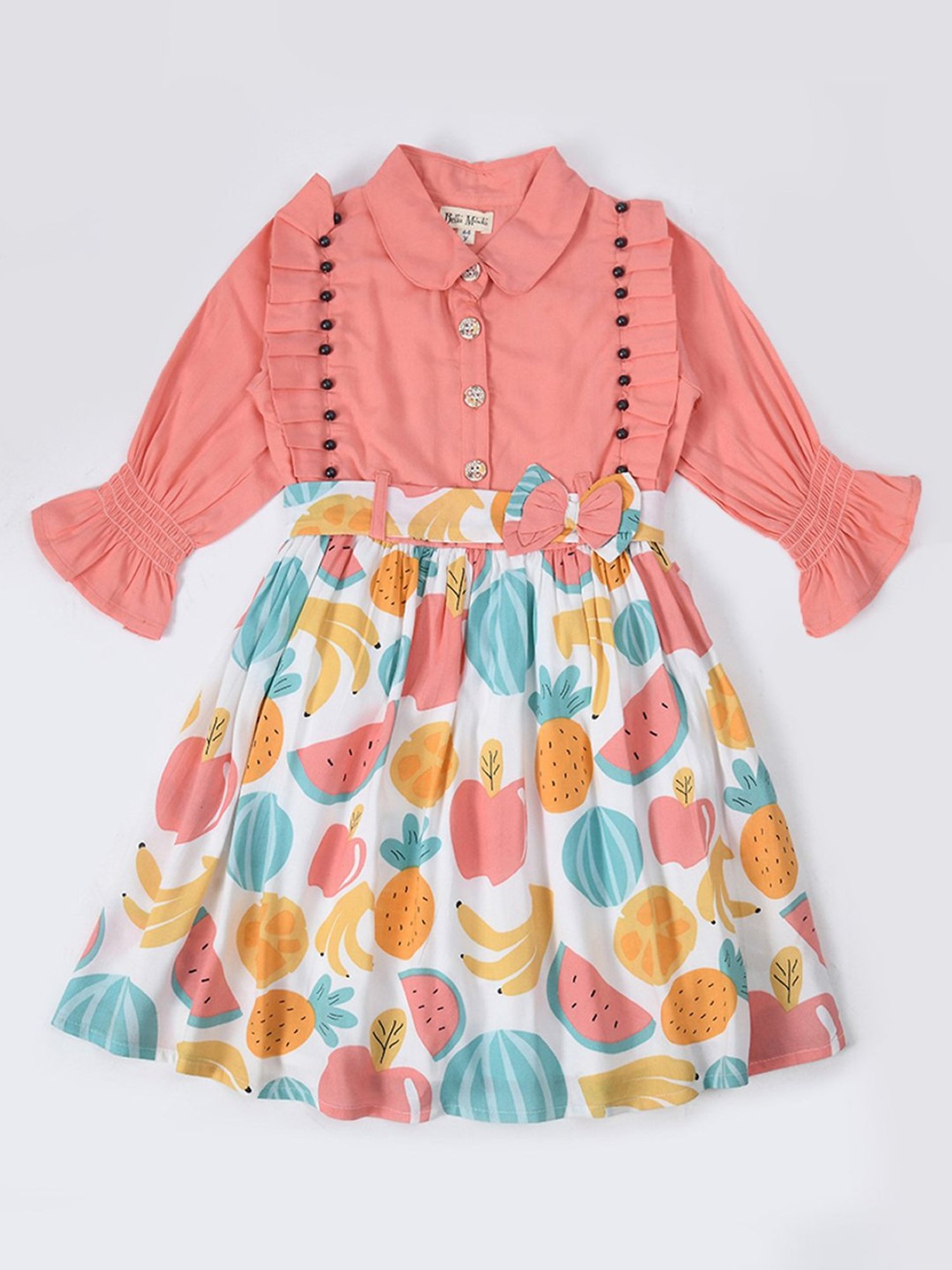 Bella Moda Kids Pink & White Printed Full Sleeves Fit & Flare Dress