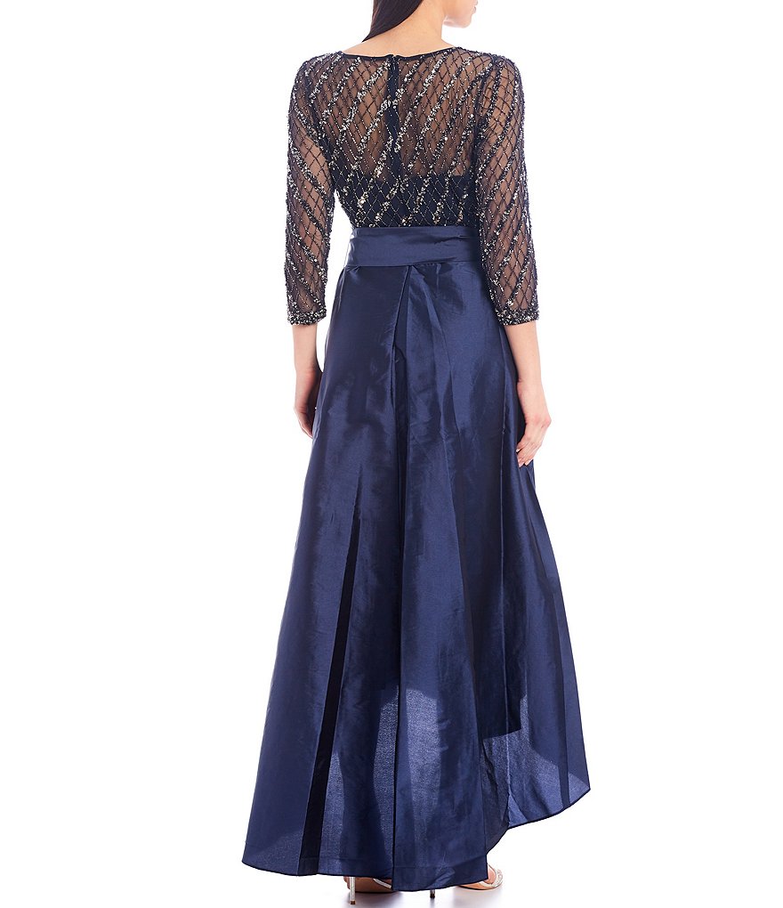 Pisarro Nights Beaded Bodice 3/4 Sleeve Tie Waist Hi-Low Taffeta Ball Gown