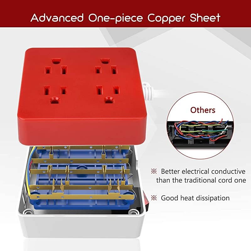 USB Power Strip Surge Protector -  Mountable Charging Station with 4 Widely Spaced AC Outlets & 4 Smart USB Ports, 5ft Desktop Extension Cord for Home, Office, Hotel, Dorm Room, RV, Red