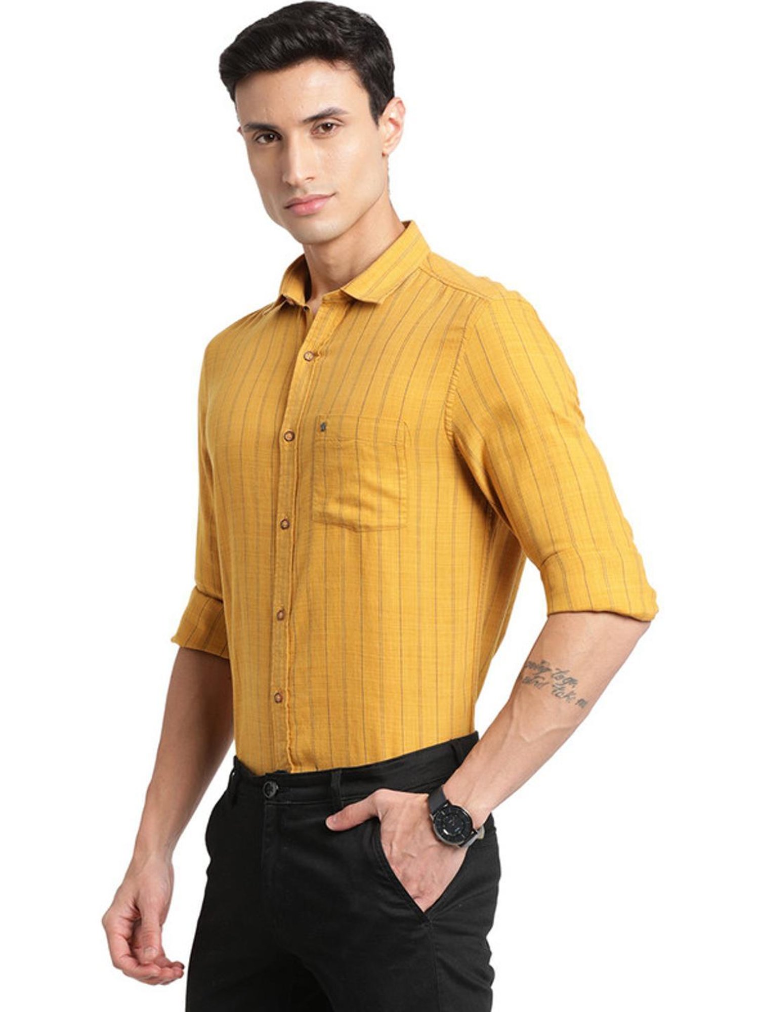 Turtle Mustard Slim Fit Striped Shirt