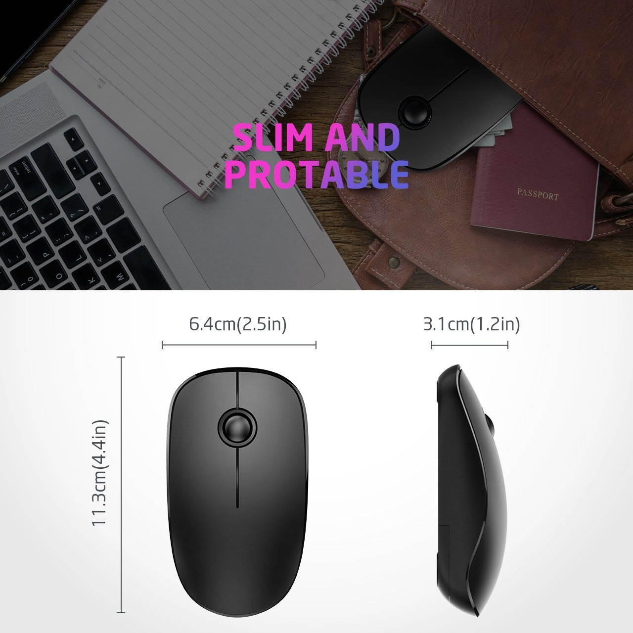2.4G Slim Wireless Mouse with Nano Receiver, Multi-Function wireless mouse, Noiseless and Silent Click with 1600 DPI, Slim and lightweight design for PC, Laptop, Tablet, Computer, and Mac, Black