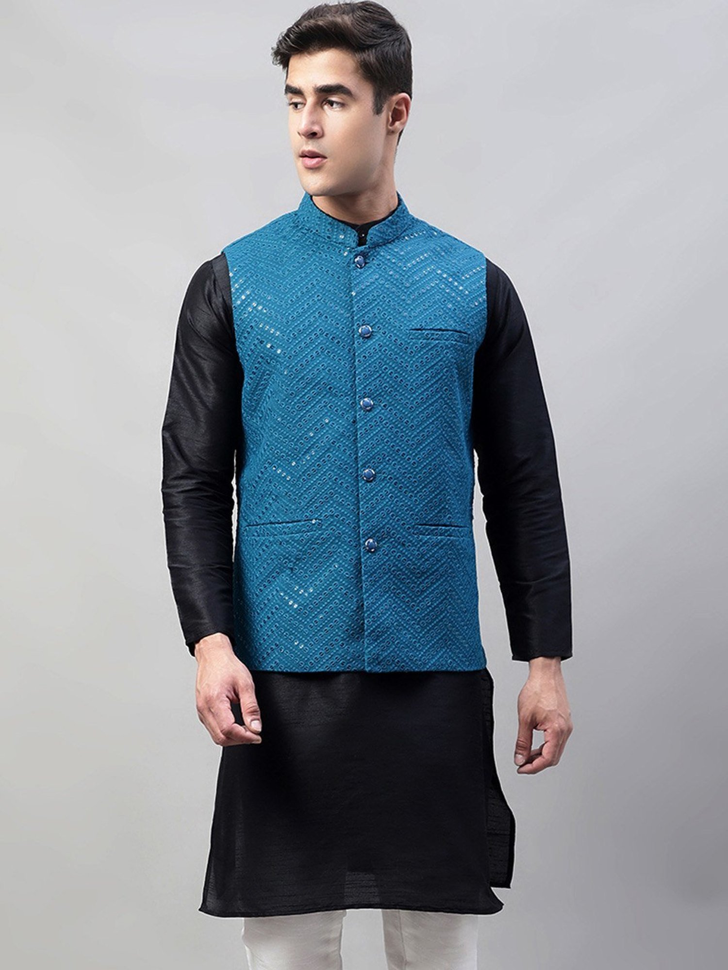 Jompers Peacock Blue Regular Fit Embroidered Nehru Jacket