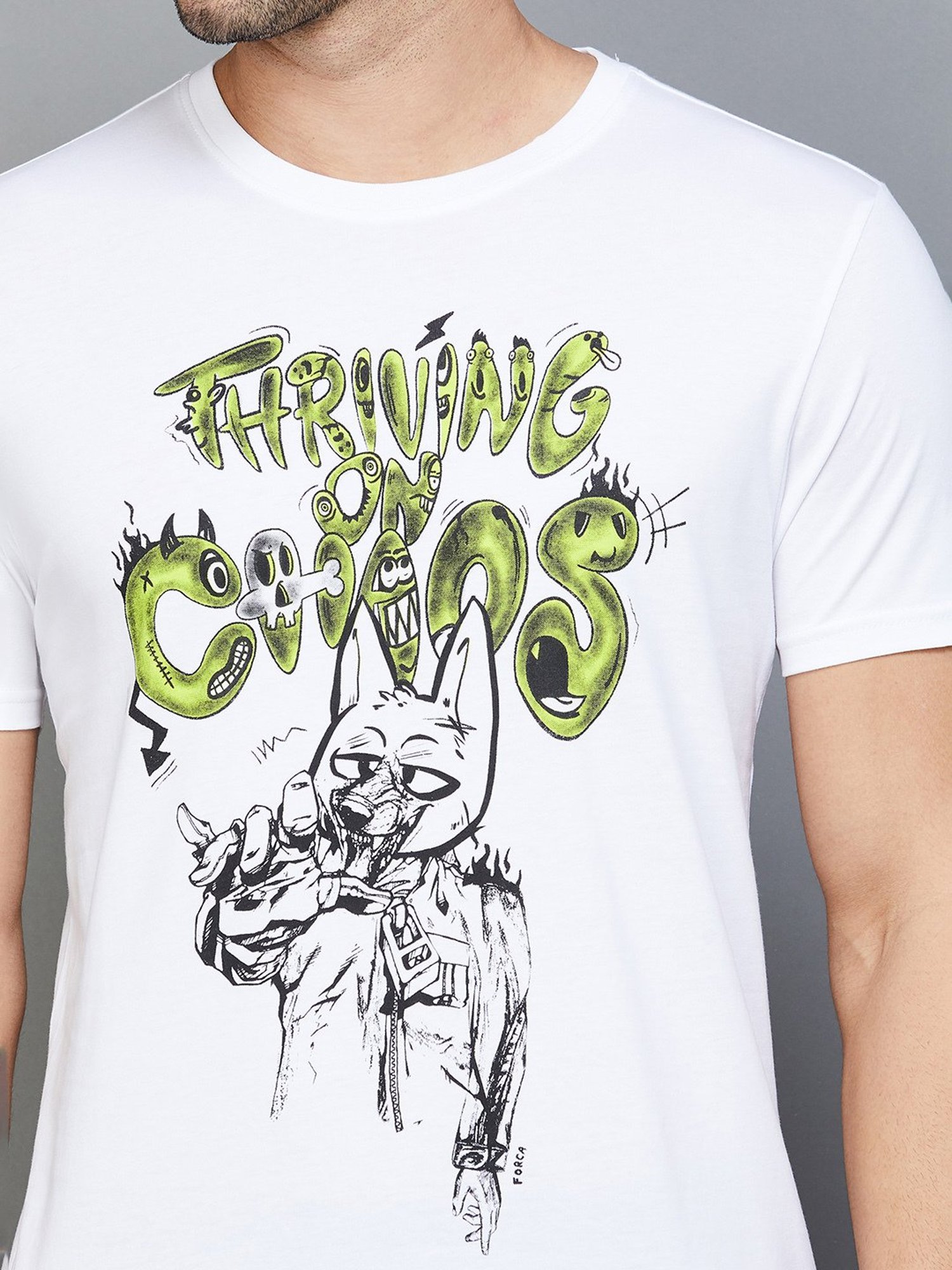 Forca by Lifestyle White Regular Fit Graphic Print Crew T-Shirt
