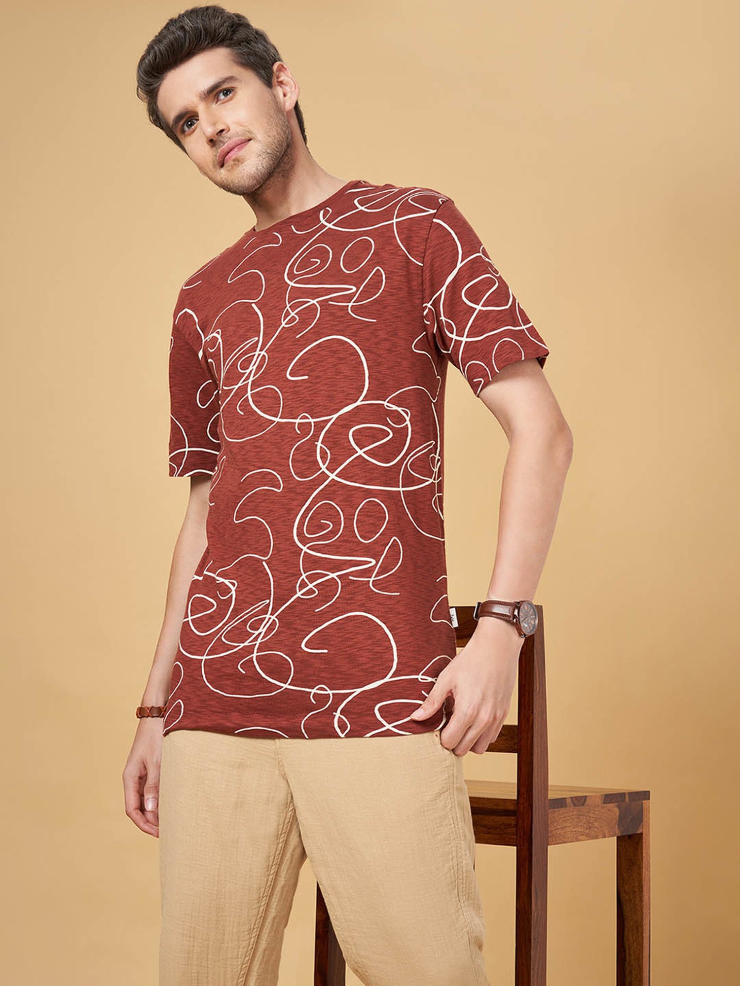 7 Alt by Pantaloons Coffee Cotton Relaxed Fit Printed T-Shirt