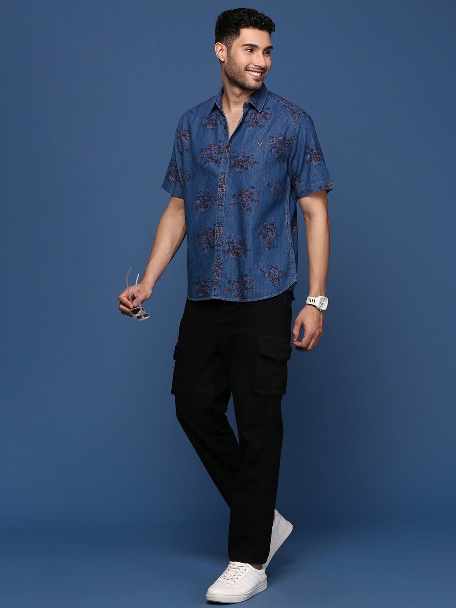 Kuons Avenue Cobalt Blue Slim Fit Denim Shirt