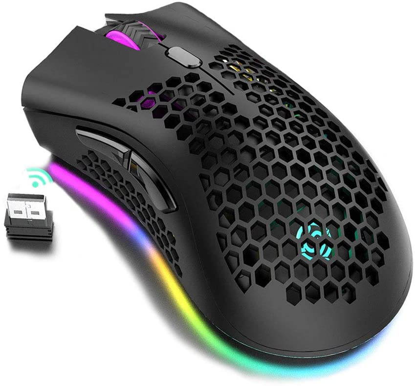 Lightweight Gaming Mouse, Honeycomb Design Rechargeable 2.4G Wireless Gaming Mouse with USB Receiver RGB Backlight Computer Mouse for Laptop PC