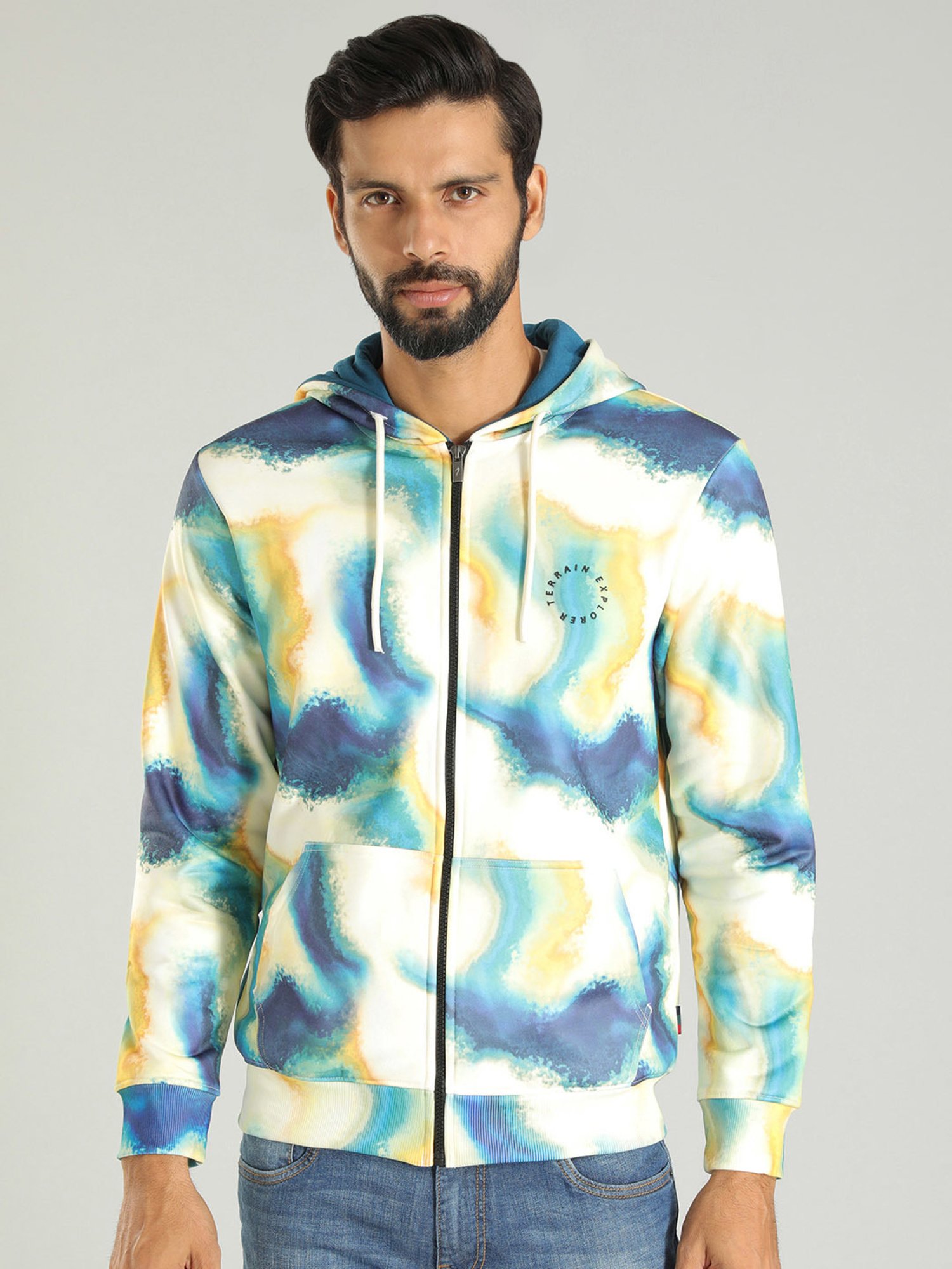 Indian Terrain Multicolor Regular Fit Abstract Print Hooded Sweatshirt