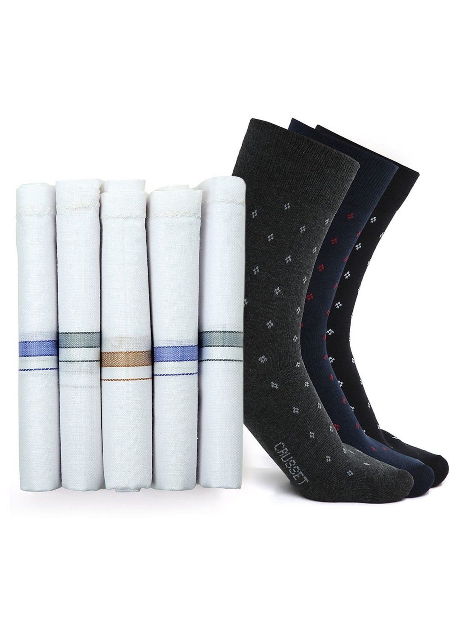 Crusset Multicolor Cotton Pack of 5 Handkerchiefs & Pack of 3 Socks