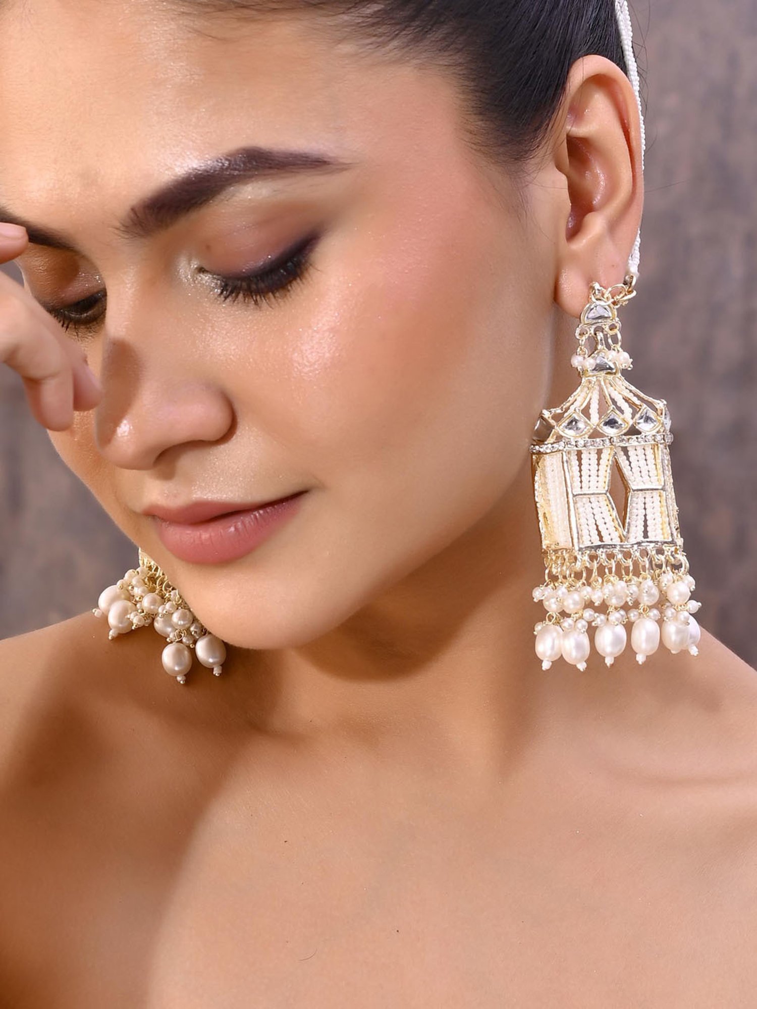 VOJ Gold Plated Handcrafted Pearls Beaded Chandbali Earrings with Kan Chain for Women