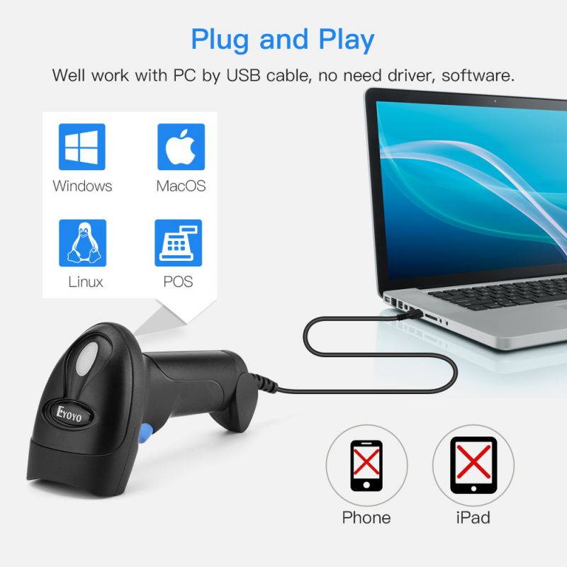 Eyoyo Wired 1D QR 2D barcode scanner, handheld USB Wired Bar Codes Reader CCD PDF417 Data Matrix Bar Code Image Automatic Scanning Compatible with Windows xp/7/8/10 Mac OS Linux