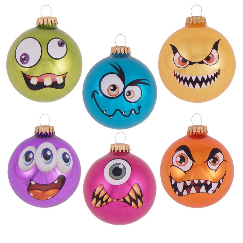 Christmas by Krebs 6ct Vibrantly Colored Assorted Monster Faces Christmas Ball Ornaments 3.25" (80mm)