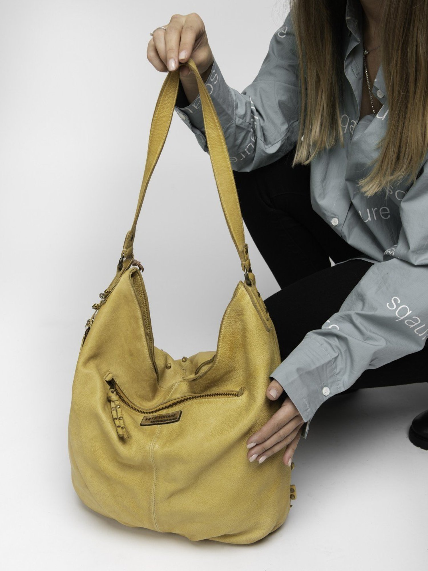 Art N Vintage Garofano Mustard Yellow Leather Textured Medium Hobo Handbag