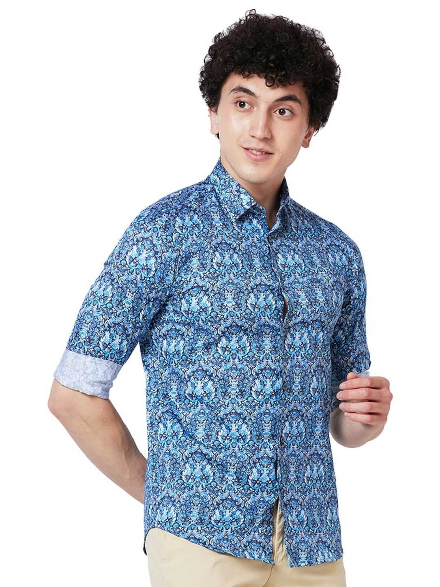 ColorPlus Blue Cotton Contemporary Fit Printed Shirt