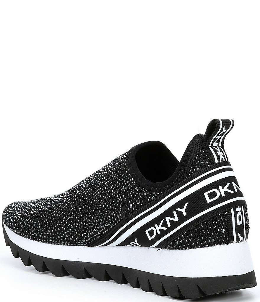 DKNY Annie Rhinestone Logo Knit Slip-On Wedge Sneakers