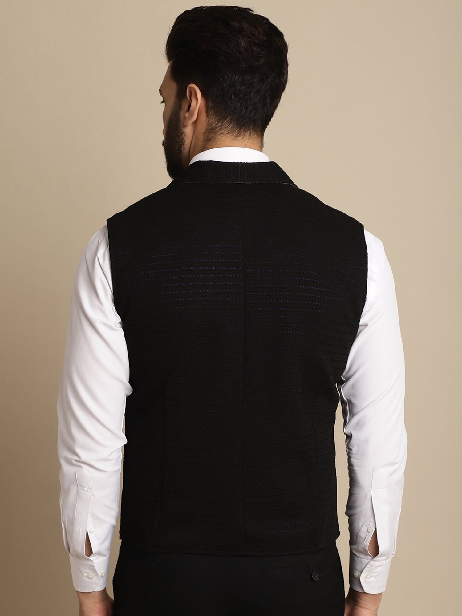 Even Black Regular Fit Self Design Notch Lapel Waistcoat