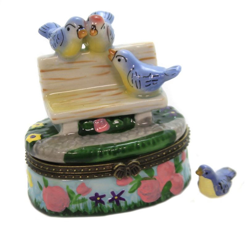 Hinged Trinket Box 2.75" Three Birds On Bench Park Sidewalk Flowers Song  -  Decorative Figurines