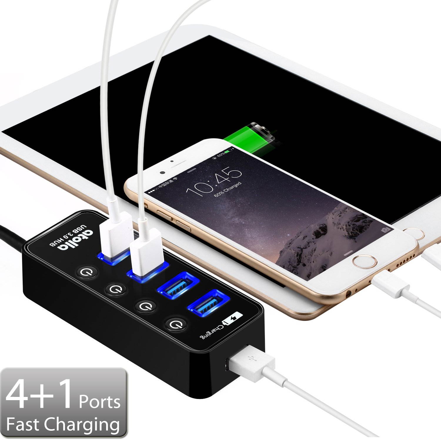 USB 3.0 Hub, atolla 4 Ports Super Speed USB 3 Hub Splitter with On Off Switch with 1 USB Charging Port (Cable Length 2 Feet, No AC Adapter) (4-Port hub)