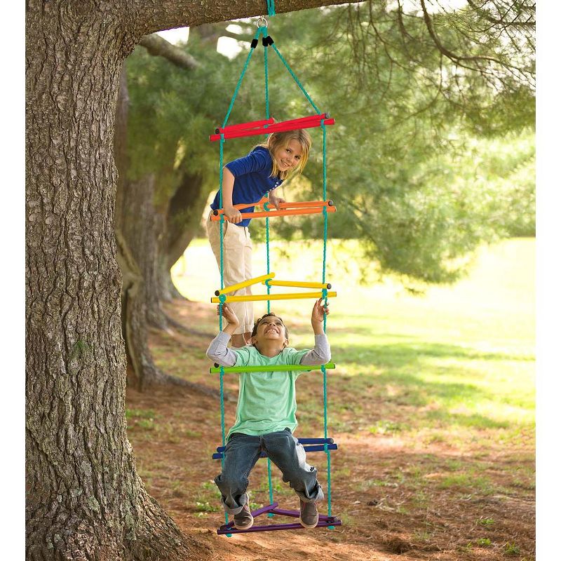 HearthSong Rainbow Triangle Weather-Resistant Kids' Rope Climbing Ladder with Colorful Metal Rungs and Nylon Rope