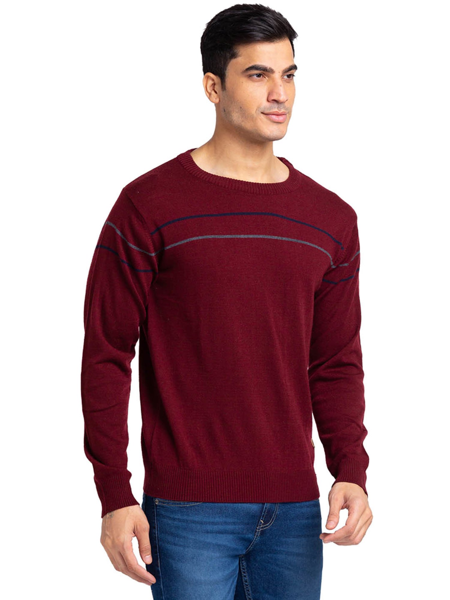 Raymond Maroon Regular Fit Striped Sweater