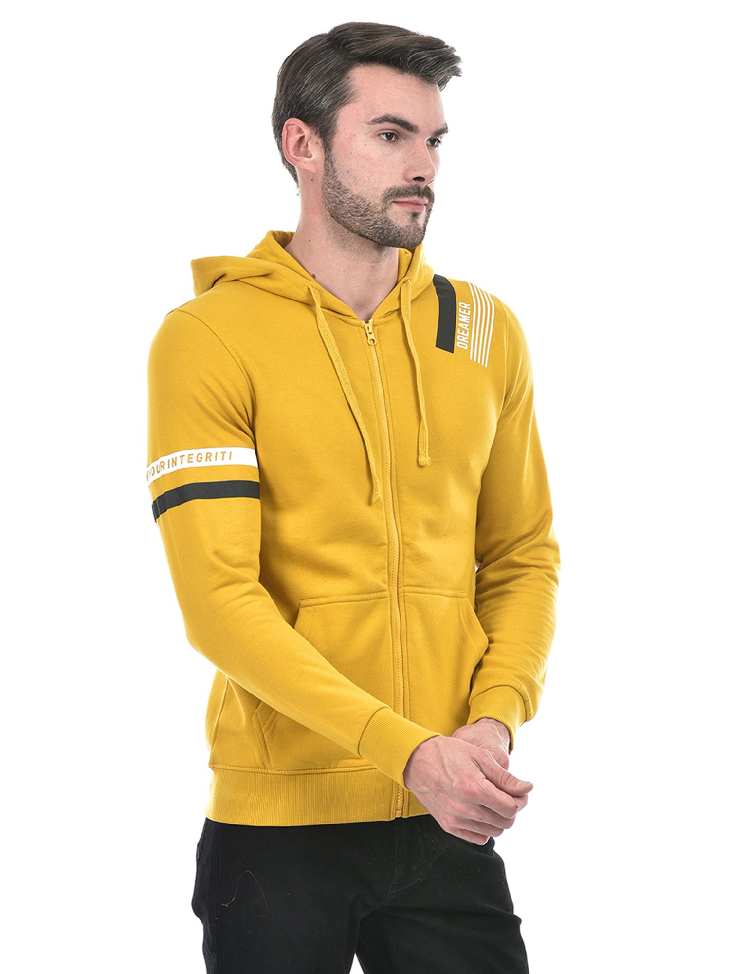 Integriti Mustard Regular Fit Striped Hooded Sweatshirt