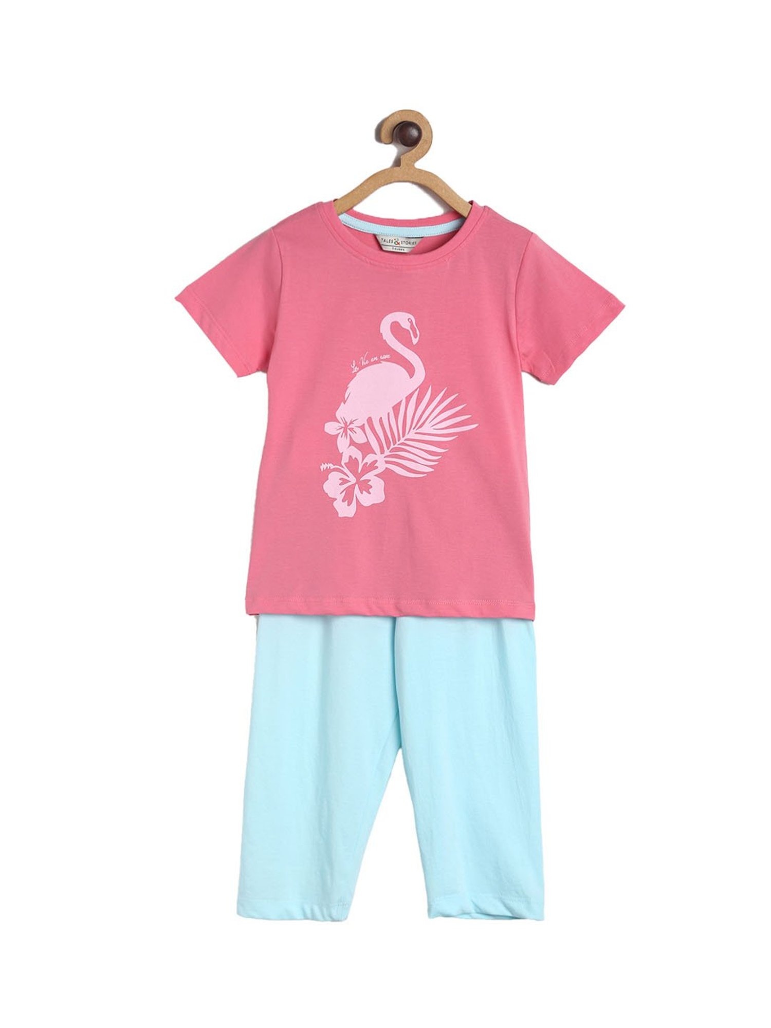 Tales & Stories Girls Pink & Blue Printed Top with Pyjamas