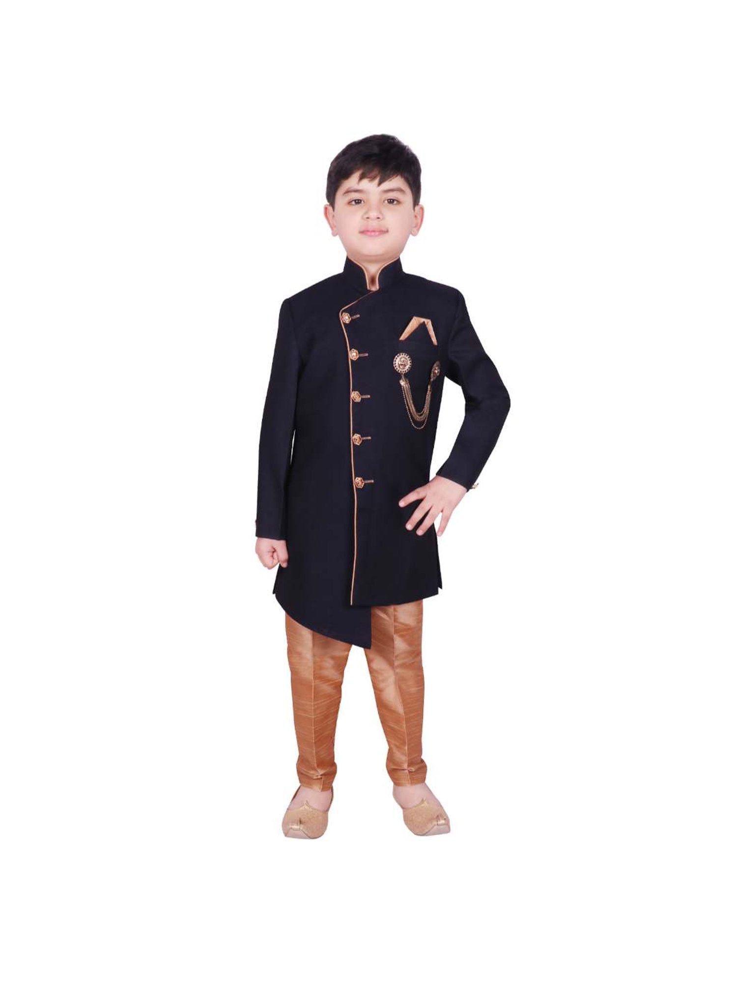 SG Yuvraj Kids Navy & Brown Solid Sherwani with Pyjama