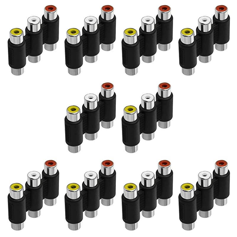 3-RCA Jacks Coupler - White/Red/Yellow Female RCA Connector Composite Video Cable Extension Adapter - (10 Pack)