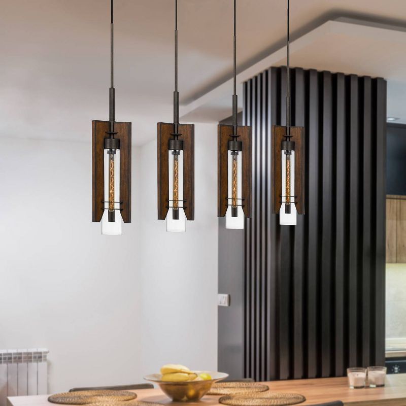 (7" x 39.25") 4 Light Metal and Wood Almeria Island Pendant with Clear Glass Shade Brown - Cal Lighting