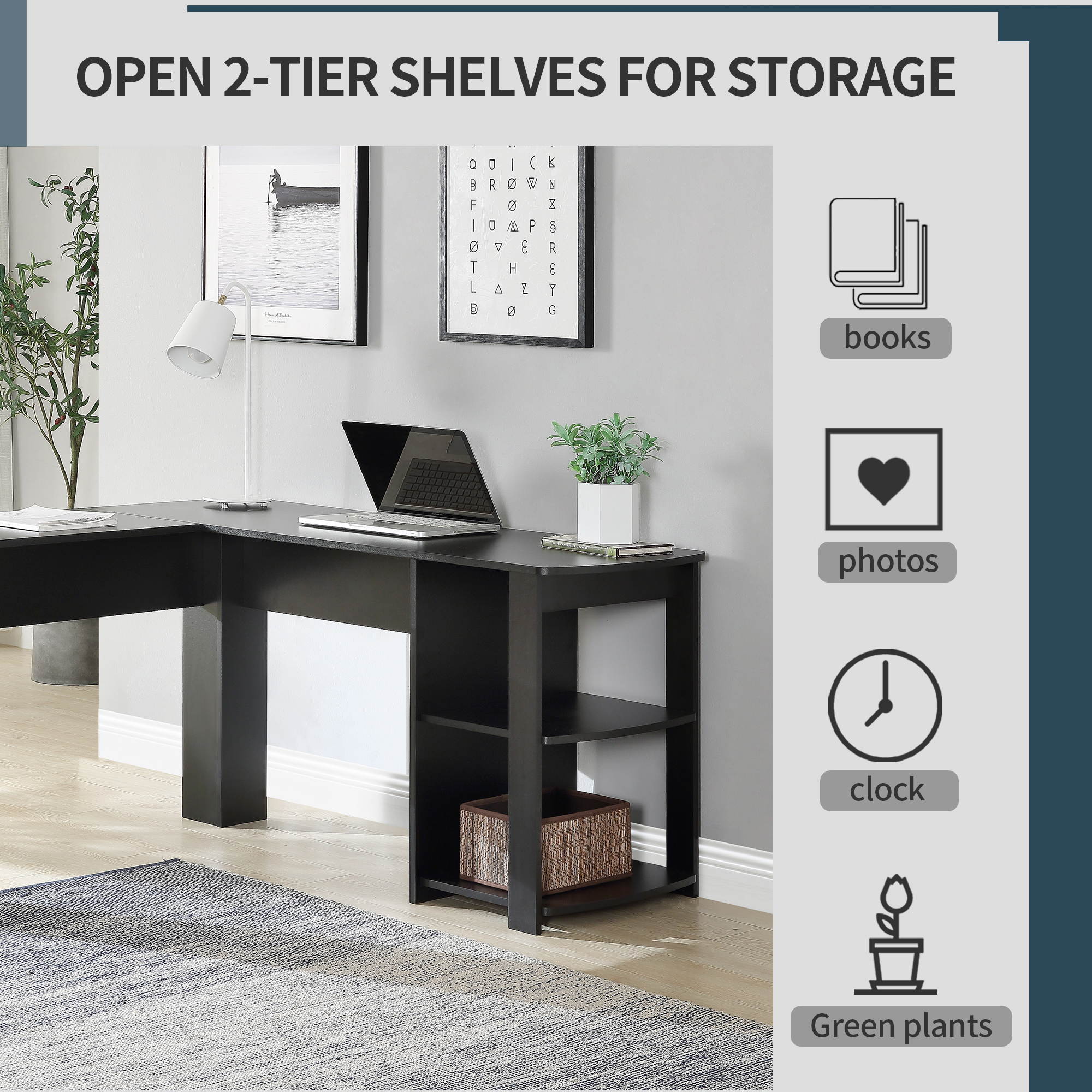 L-Shaped Corner Desk Gaming Desk Home Office Desk Computer Desk Study Workstation Furniture PC Table Writing Table with 2 Open Storage Bookshelves No Tool Assemble Required Black