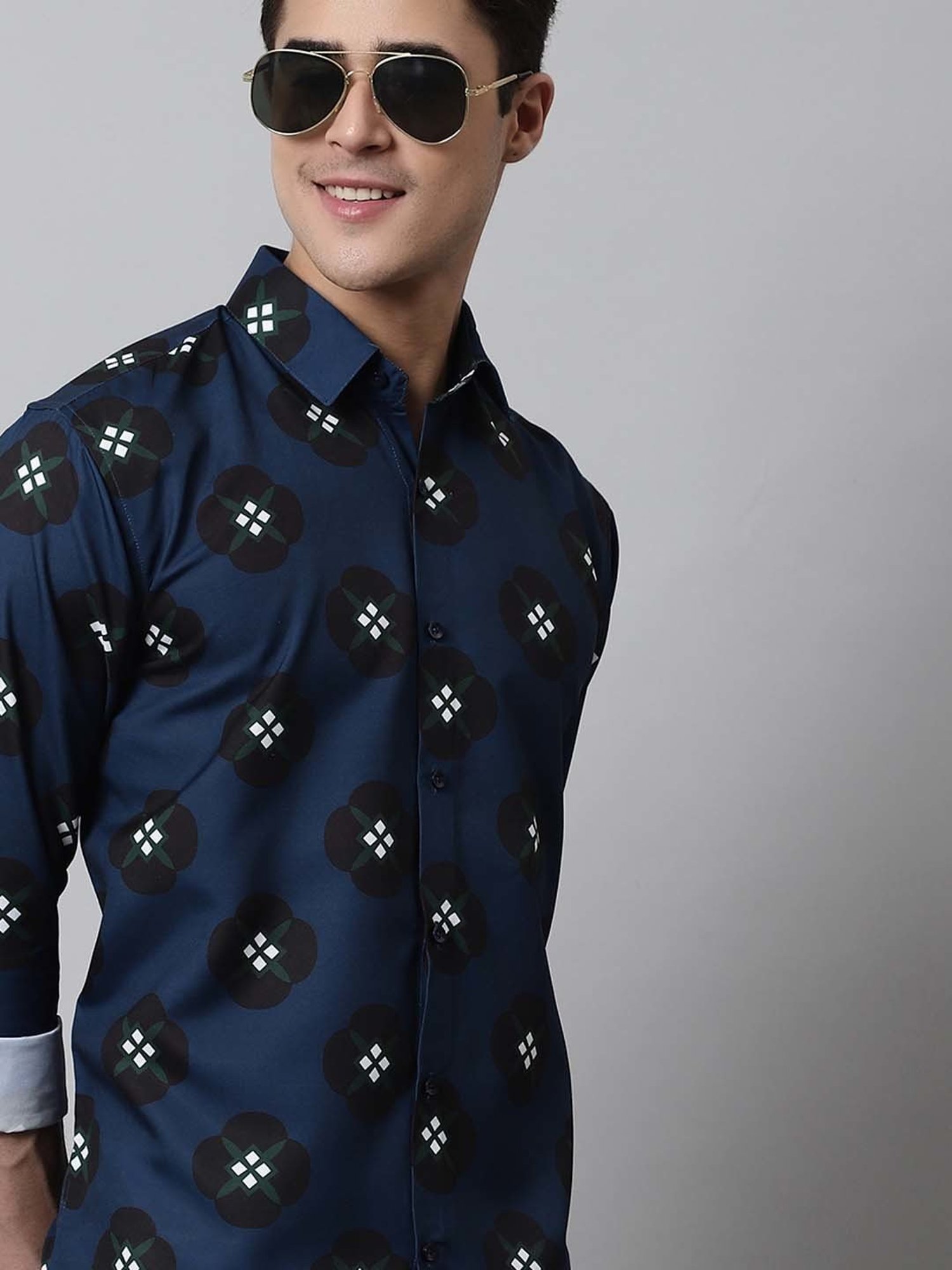 Jainish Blue Cotton Regular Fit Printed Shirt