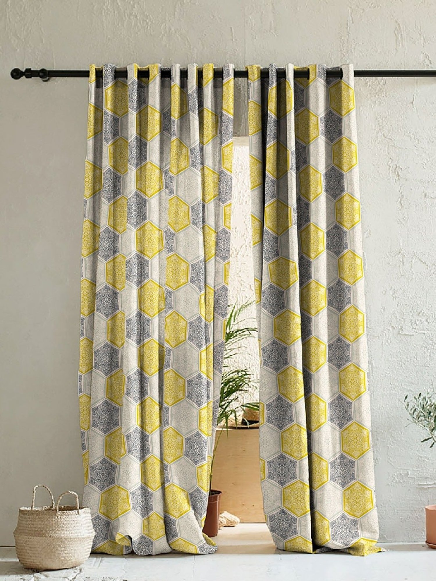 SPACES DRAPE STORY Elegent Yellow & Grey Polyester 8 FT Door Curtain - Set of 2