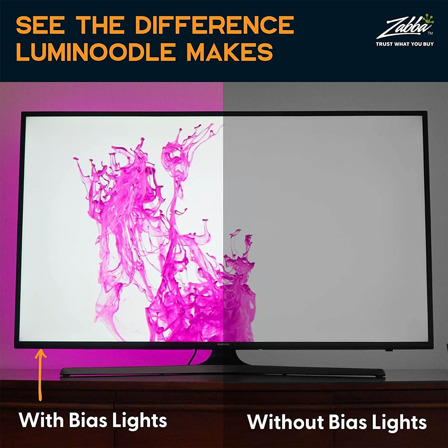 Luminoodle Professional Bias Lighting for HDTV | 15 Colors + 6500K True White LED TV Backlight Adhesive RGB+W Strip Lights with Wireless Remote Dimmer - Pro - X-Large (41-59 TV)