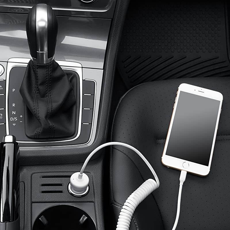 Basics Coiled Cable Lightning Car Charger - 5V 12W - 1.5 Foot, Black, 5-Pack