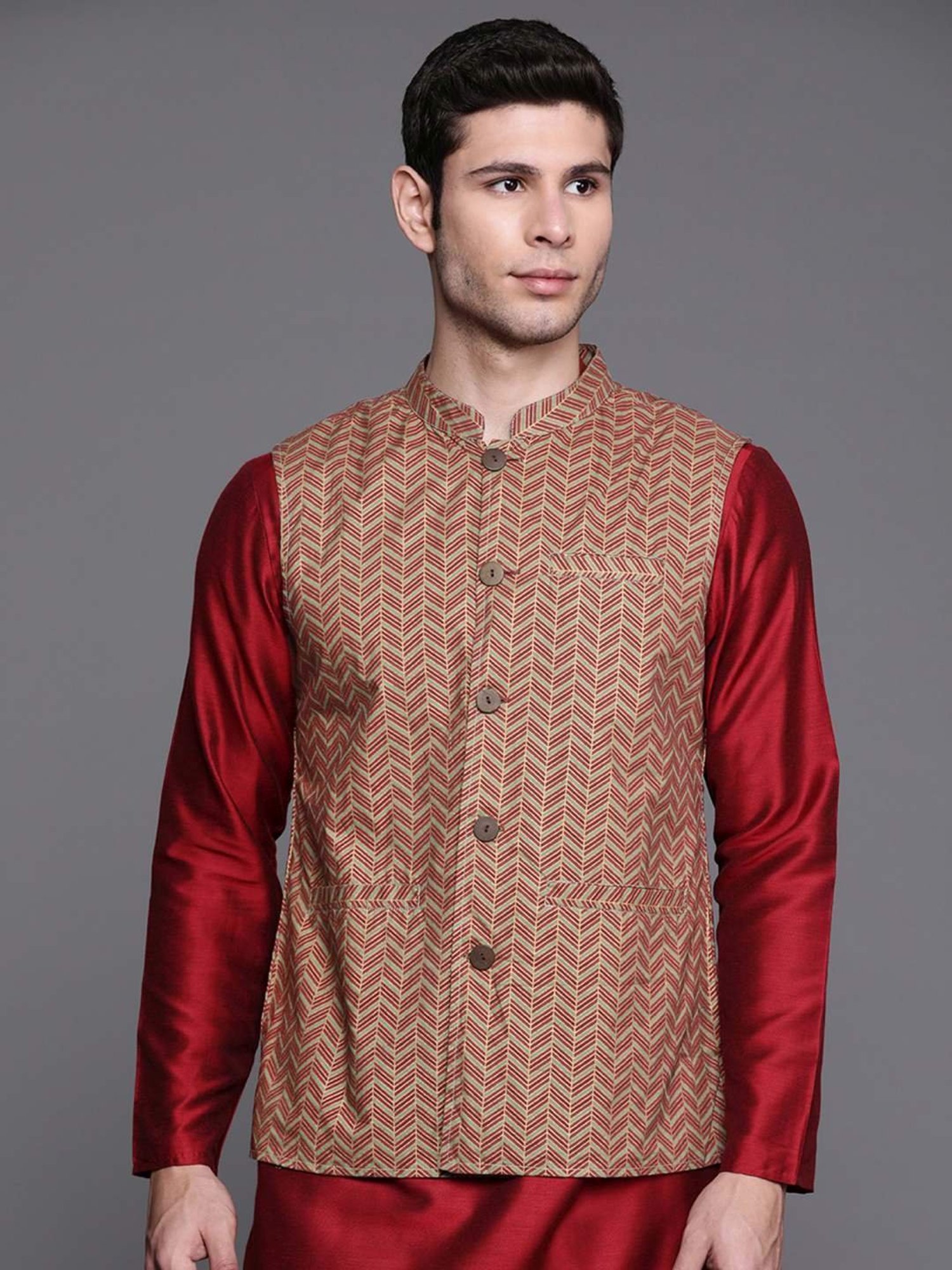 VASTRAMAY Teal Green Regular Fit Printed Nehru Jacket