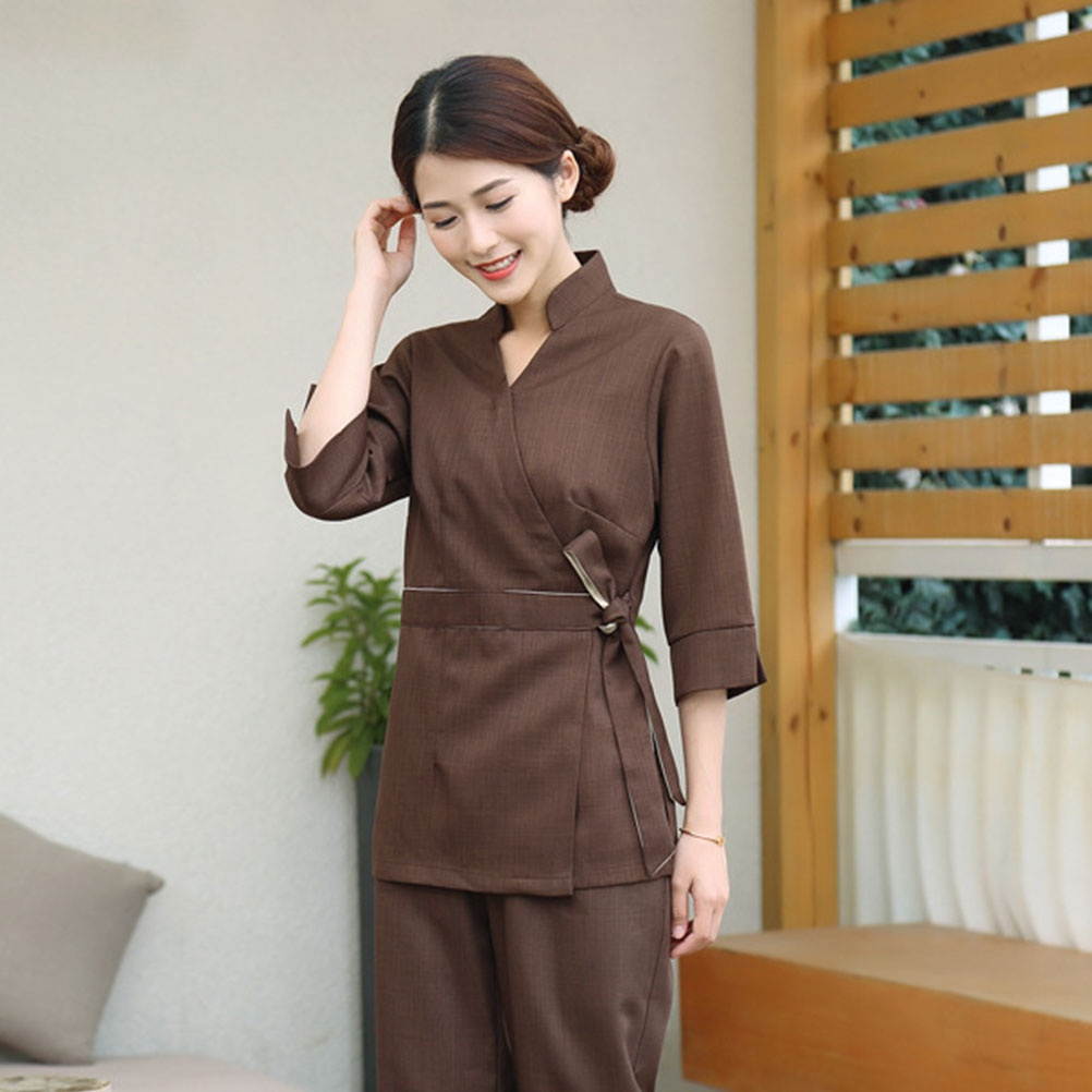 1 Set/2pcs Unique Design Beautician Uniform Hospital Apparel Clothes Labour Suit Two-pieces Fashion Costume for Woman (Coffee, Size M)