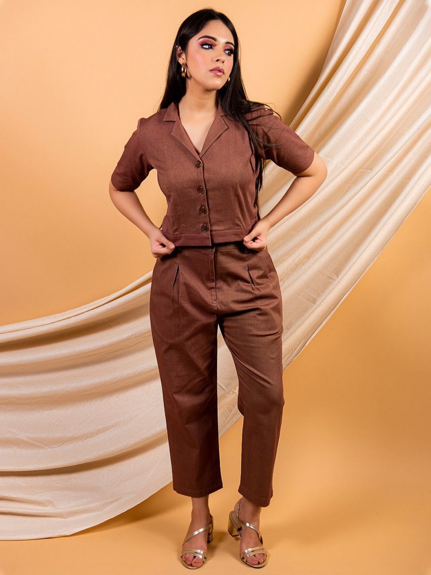 Priya Chaudhary Brown Umber Classic Crop Shirt and Pant In a Cotton Twill