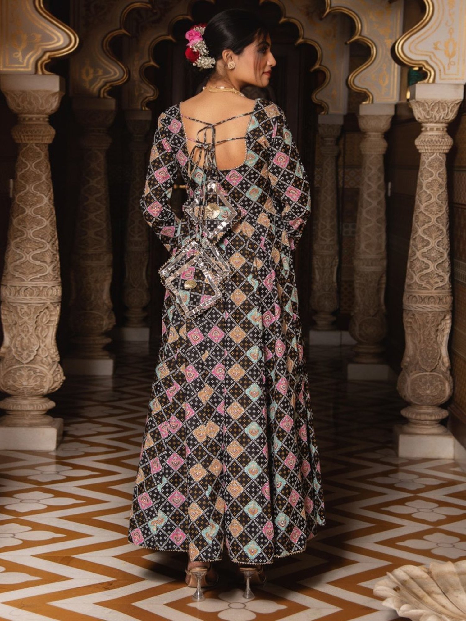 Calmna Black Geomatric Print Anarkali Suit Set