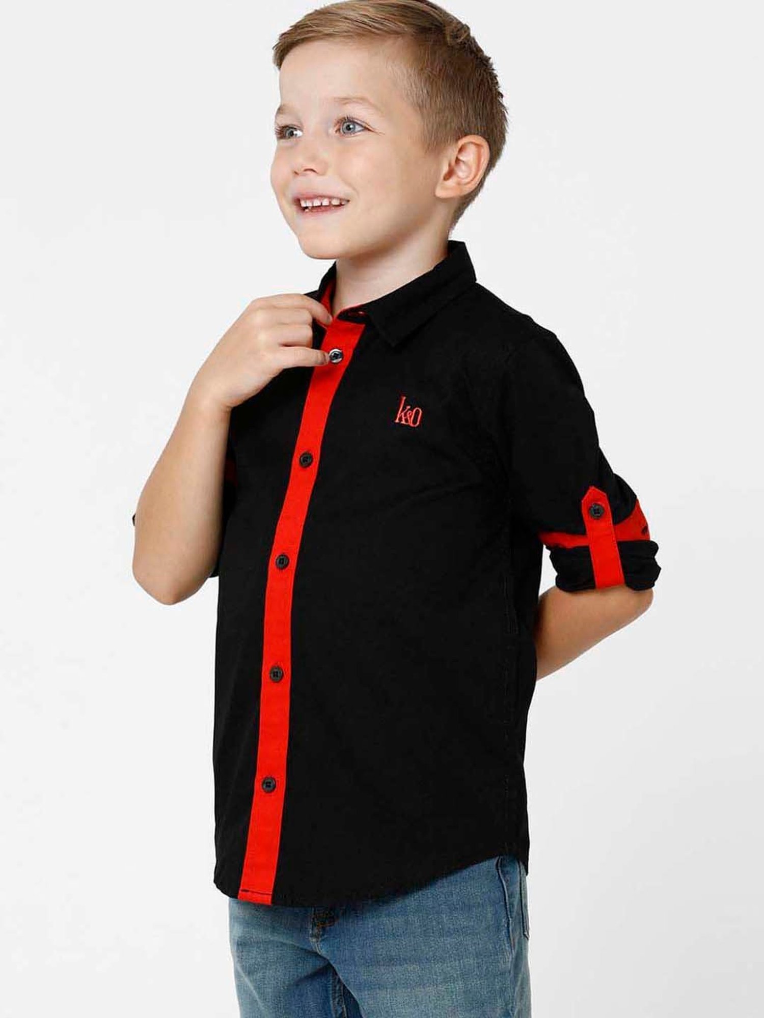 Kate & Oscar Kids Black & Red Cotton Embroidered Full Sleeves Shirt
