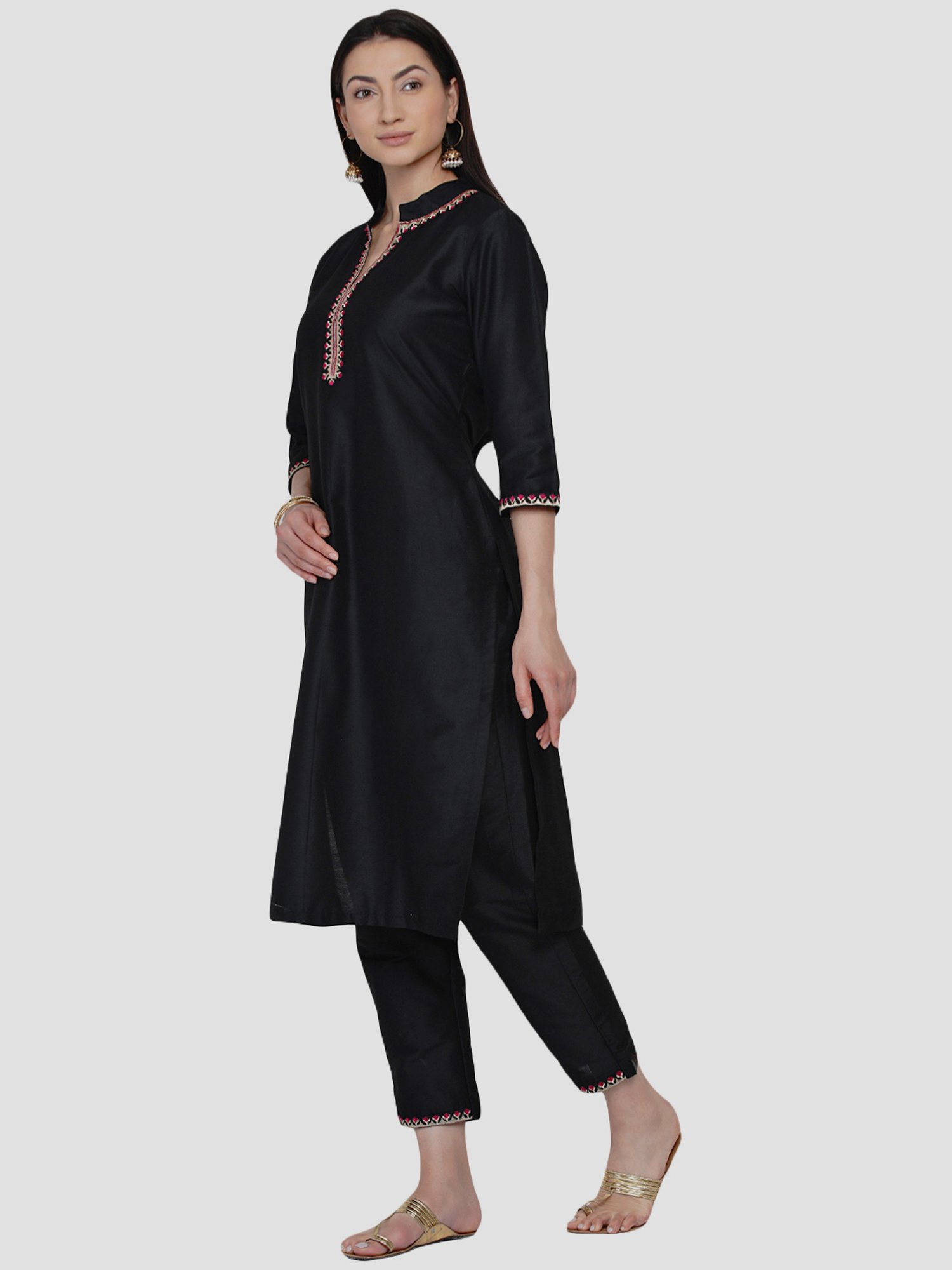 Women Republic Black Cotton Embroidered Kurta Pant Set