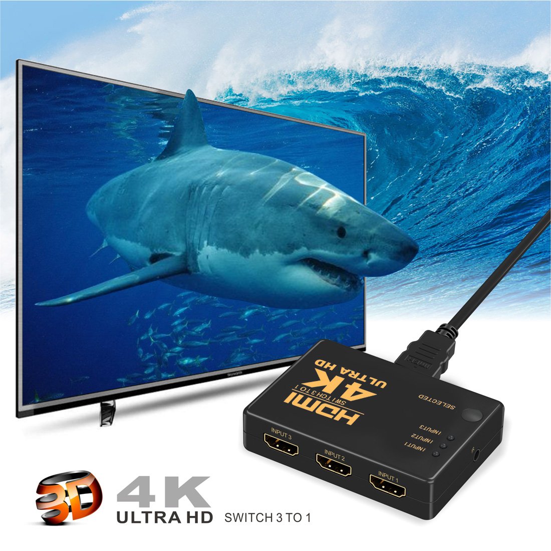 HDMI Switch 4k, Nurbenn Intelligent 3-Port HDMI Switcher,Splitter, Supports 4K, Full HD1080p, 3D with IR Remote