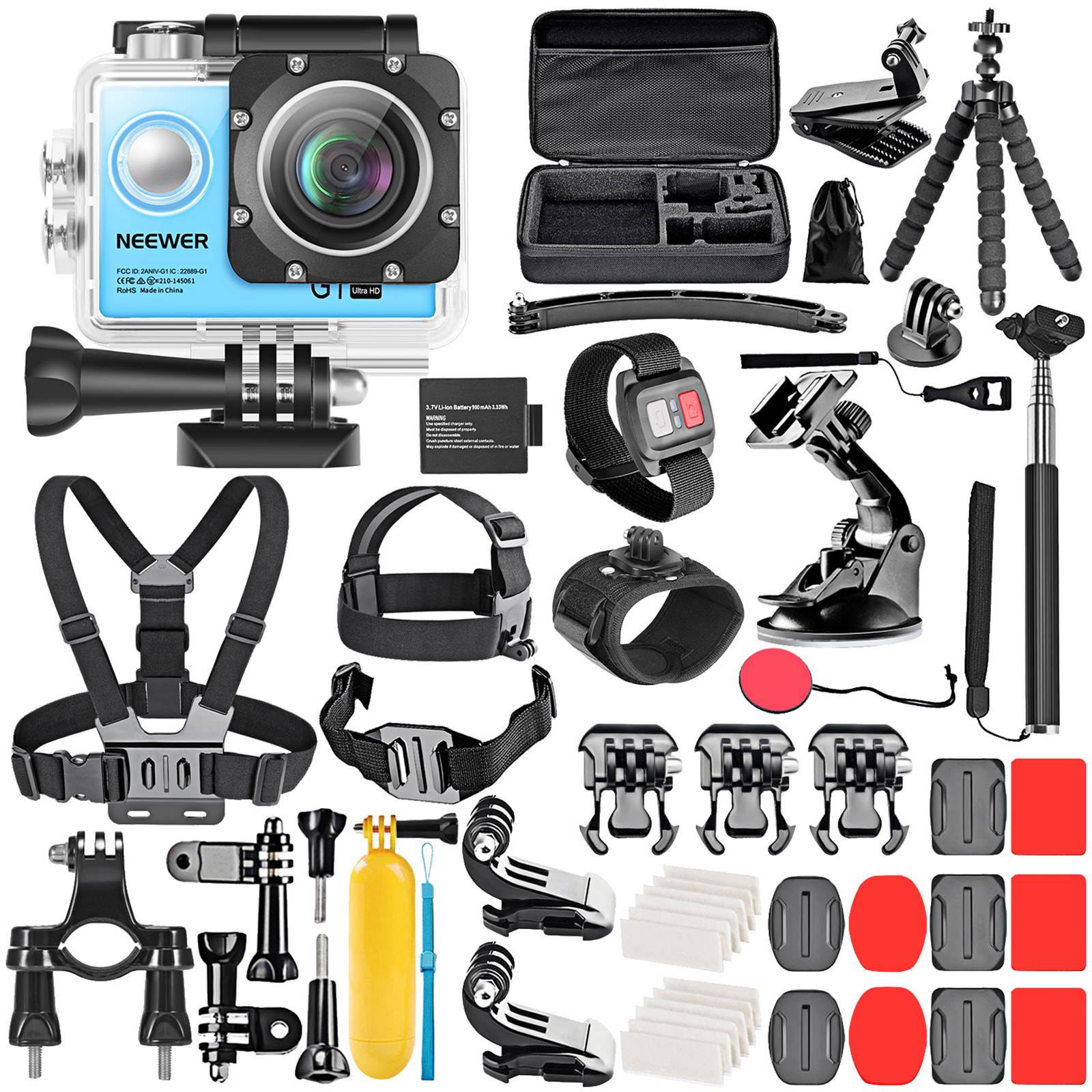 Neewer G1 Ultra HD 4K Action Camera Kit (Blue): 98 ft Underwater Waterproof Cam 16MP 4K/30FPS 170 Degree Wide Angle WiFi Sport Cam High-tech Sensor with Remote/Battery and 50-in-1 Accessory Kit