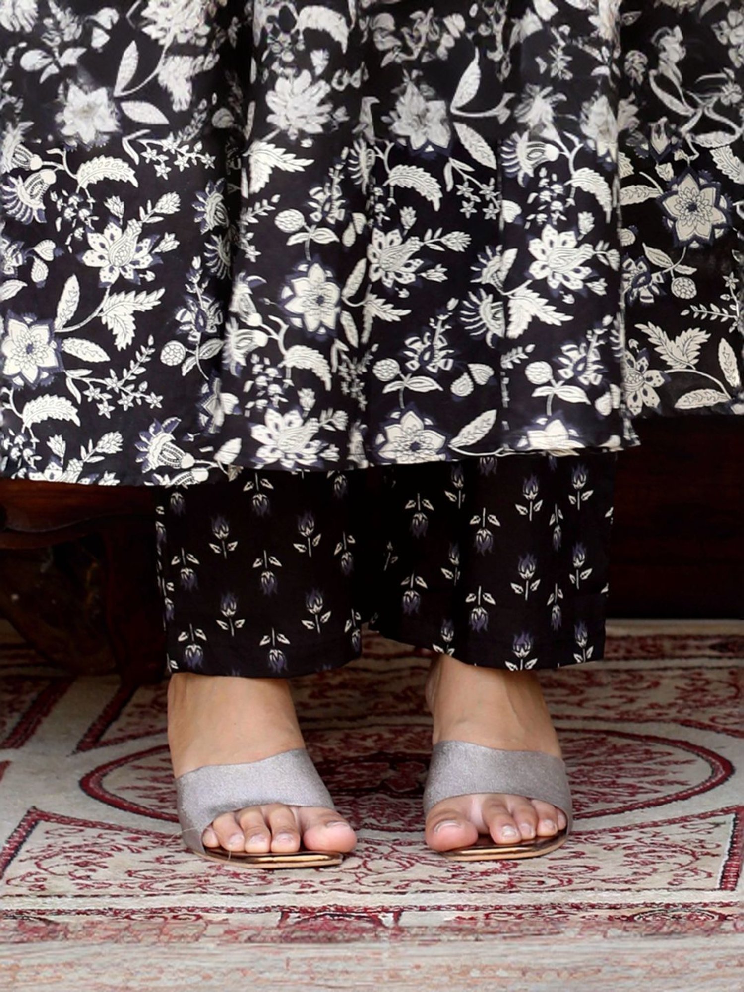 Miravan Black & White Cotton Embroidered Kurta Palazzo Set